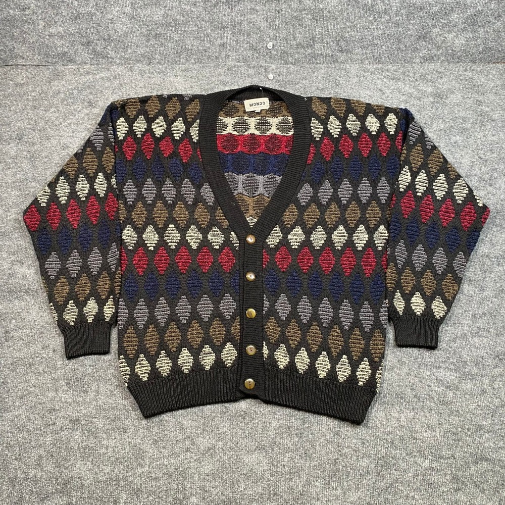 Mondo Vintage Made in Italy Diamond Knit Cardigan Sweater Mens Large Black Red